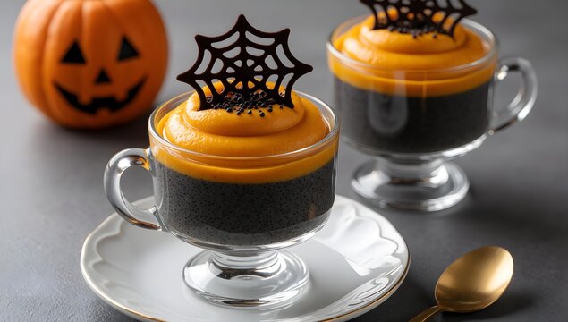Halloween pumpkin mousse glass cups topped with chocolate spider web decorations and jack-o-lantern