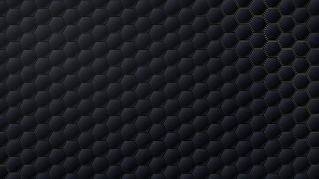 Surface m&eacute;tallique noire hexagonale parcourue de fines lignes lumineuses dor&eacute;es
