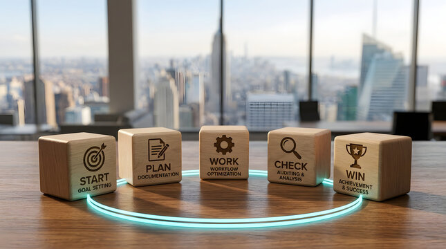 Strategic Business Process Management Concept with Wooden Blocks and Glowing Icons