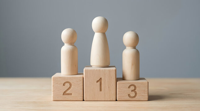 Competitive Performance Ranking Concept with Wooden Peg Dolls on Numbered Podium