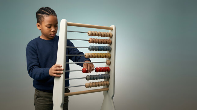 Young Black boy, using wooden abacus for mental math and counting skills, colorful beads and minimal educational toy, professional studio with blue gradient background and copy space, marketing use.