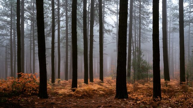 Misty autumn forest with tall pine trees and golden ferns on the ground