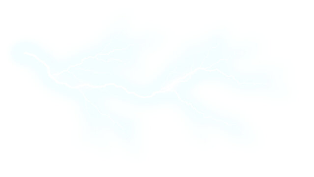 Lightning bolt strike graphic element isolated on transparent background. Glowing electric spark discharge. High voltage energy flash for visual effects