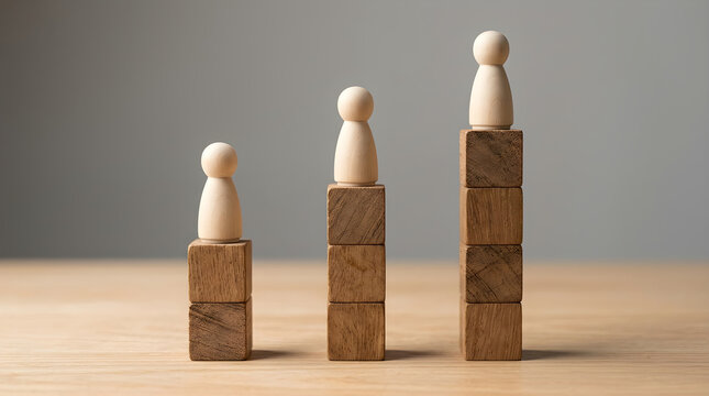 Career Progression and Corporate Hierarchy Concept with Wooden Peg Dolls Blocks