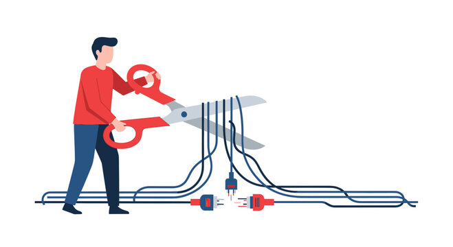 Businessman Cutting Tangled Power Wires with Large Scissors for Cord-Cutting and Technology Simplification Metaphor