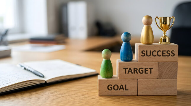 Goal Achievement Concept with Wooden Blocks and Gold Trophy on Desk