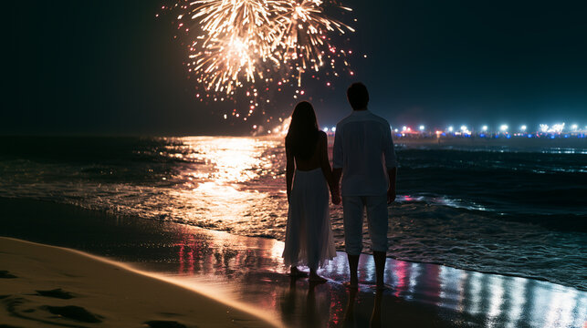 Brazil New Year 2027 celebration on a tropical beach with romantic couple holding hands and watching fireworks over the ocean at night. 
