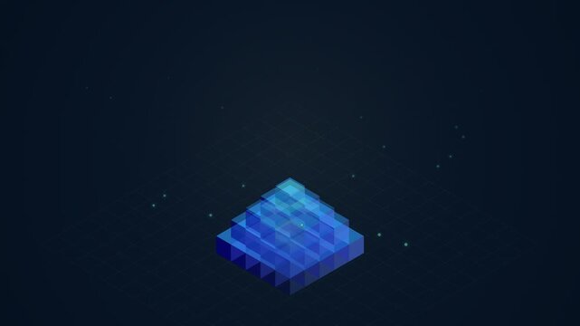 Isometric Pixel Art Pyramid Building Up Layer by Layer on Dark Background.