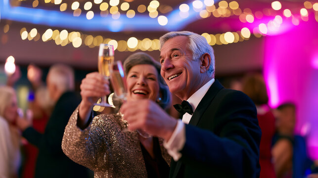 Senior couple celebrating New Year at an elegant festive party, raising champagne flutes in a joyful toast surrounded by colorful lights and a lively crowd
