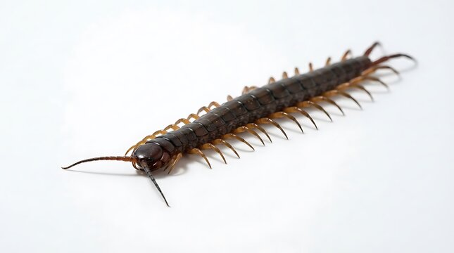 A large brown predatory centipede crawling across a plain white background viewed from a high angle perspective with many legs visible