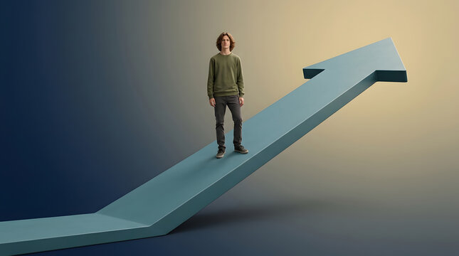 Growth arrow man, ascending upward with confidence, large 3D teal arrow symbol of progress, studio lighting with blue and gold gradient, concept for career advancement and marketing strategy