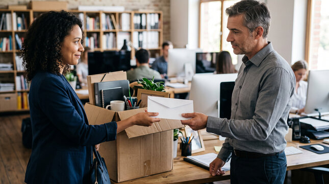 Close-up of an employee handing a resignation letter to a manager beside a cardboard box, representing quitting a job, career change, voluntary departure and employment termination