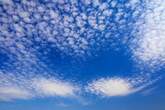 beautiful bright blue sky with small cirrus and cumulus white clouds on a clear day