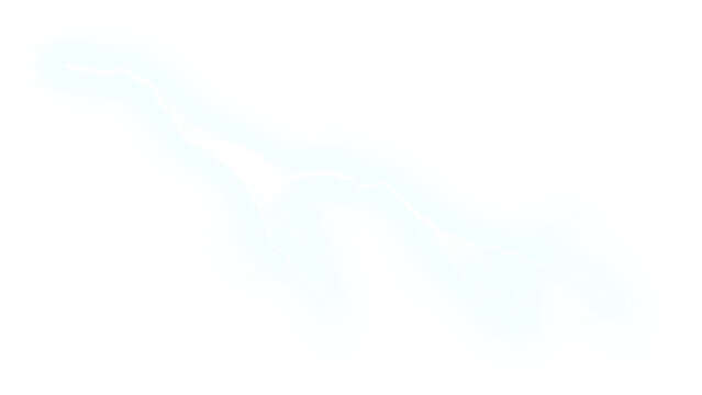 Electric lightning bolt strike flash graphic element. Glowing white and blue energy discharge. Isolated on transparent background for weather projects