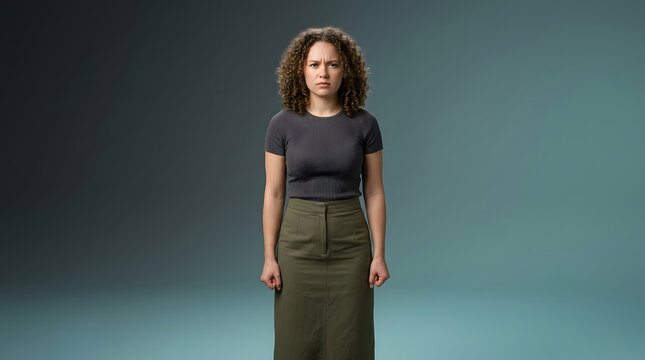 Angry young woman, clenching fists and staring with intense annoyance, wearing grey casual ribbed top and green skirt, studio backdrop with soft lighting and ample copy space, professional stock phot