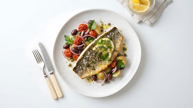 Fresh whole fish pan-seared with aromatic herbs and lemon slices in a cast iron skillet on a gas stove