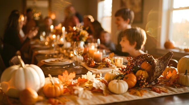 Warm and inviting thanksgiving dinner scene with a long table and blurred guests