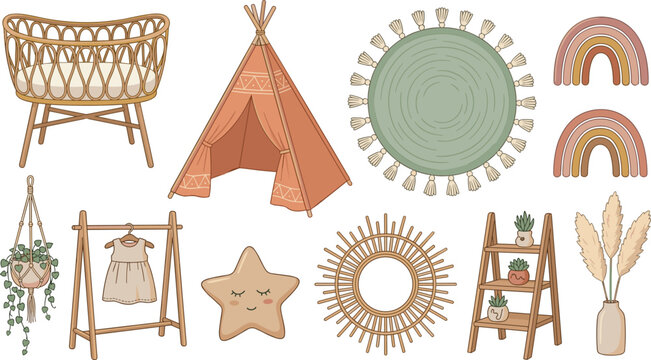 Bohemian Nursery Elements Set with Rattan Furniture, Teepee, and Rainbow Accents