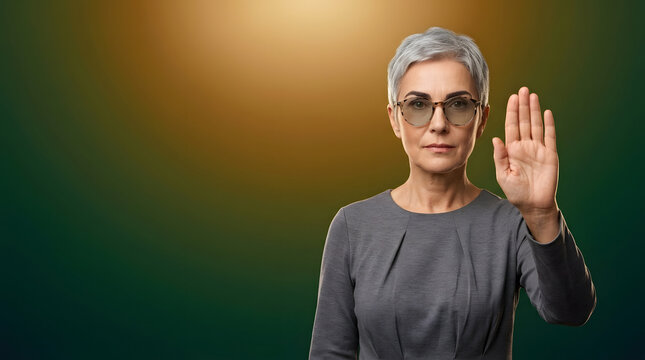 Assertive mature woman, showing stop hand gesture with palm open, wearing eyewear and formal dress with short grey hair, dark gradient studio background with copy space, business advert messaging