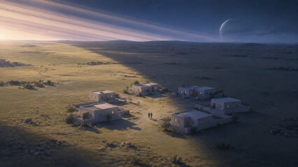 A small village divided by the immense moving shadow of planetary rings  an imaginative future world visual for life beneath rings, celestial light cycles and remote settlements, visionary design © Versa