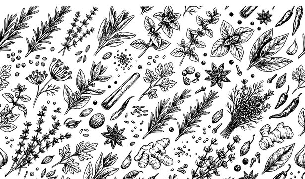 Hand drawn black and white seamless pattern of herbs and spices including rosemary, thyme, basil, dill, cinnamon sticks, star anise, ginger, garlic and peppercorns in vintage engraving style for culin