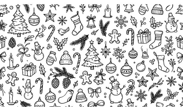 Hand drawn black and white seamless pattern of Christmas elements including trees, snowmen, stockings, candy canes, gingerbread men, gifts, mittens and snowflakes in doodle sketch style for winter hol
