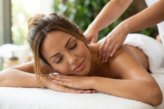 Serene woman enjoying a relaxing shoulder massage at a spa center with closed eyes.
