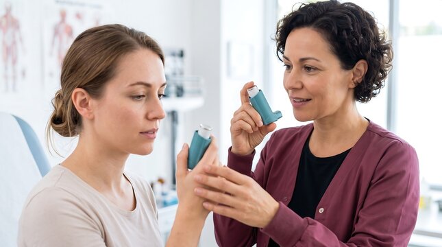 Healthcare professional demonstrates proper asthma inhaler technique to a female patient in a medical clinic setting.