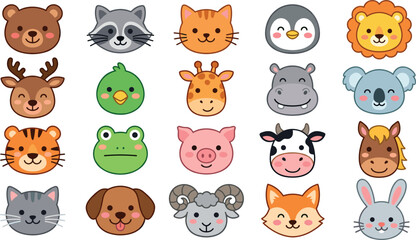 Obraz premium Cute Animal Face Icon Set with Bear, Lion, Cat, Dog, Fox, and Farm Wildlife Characters for Kids and Nursery Designs