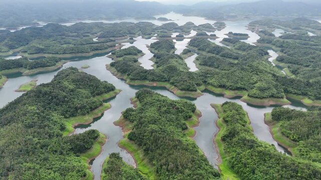 Aerial view of Ta Dung Lake with many islands in Dak Nong, central Vietnam.