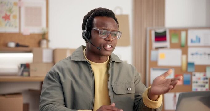Laptop, man or headset in customer service for shipping FAQ, pricing enquiry or delivery request. Black person, agent or contact client to explain logistics rates, track cargo or online freight quote