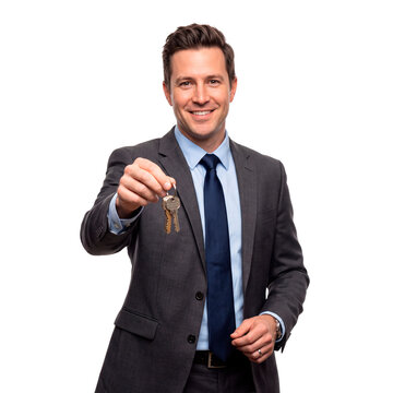 Smiling businessman in a suit holding a set of keys, offering them forward in a gesture of sale or ownership transfer PNG Isolated on transparent background