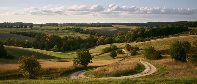 Winding country road through rolling hills with autumn trees and clouds in the sky
