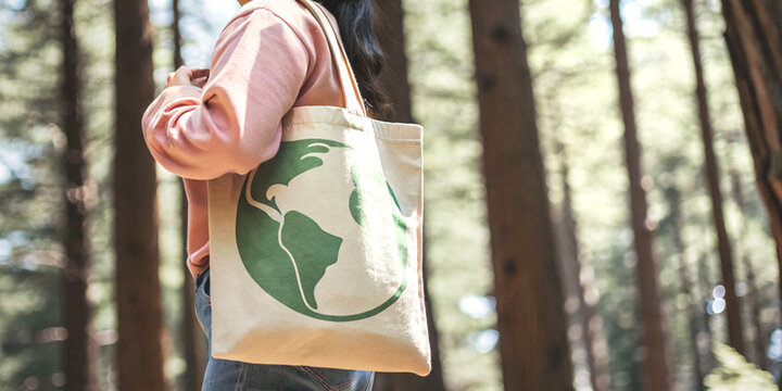 Eco friendly lifestyle with a woman walking in the forest holding a reusable cloth bag with a green earth pattern