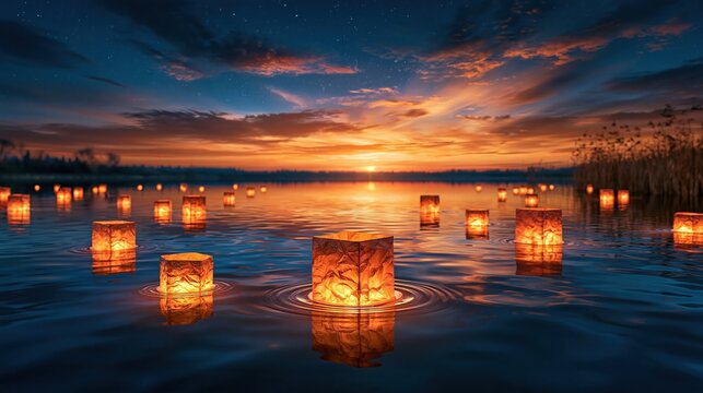 Floating lanterns on water at sunset