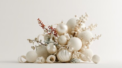 Obraz premium Cozy holiday ornament arrangement, plush textures, glossy baubles, holly berries and ribbons, clean white background, 3D render illustration. 