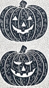 Halloween pumpkins with carved faces. Retro aesthetic, illustration engraving style. Black and white, vintage style