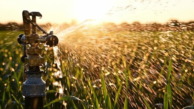 A water pump sprays water across a green field as the sun sets in the background. The light reflects off the droplets creating a bright effect in the afternoon sky