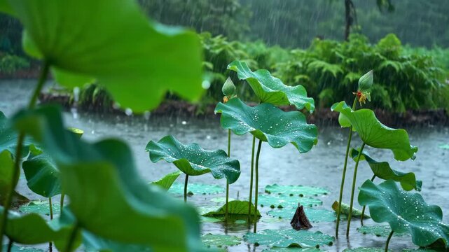 Layered lotus stems rise through a rain-dappled pond, curved leaves and unopened buds framed by soft foreground foliage while heavy summer showers blur the lush green bank in the distance nearby