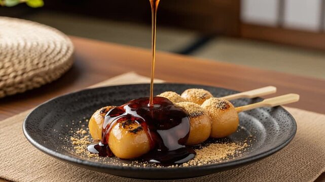 Pouring rich brown sugar syrup on grilled Japanese dango mochi with roasted soybean flour