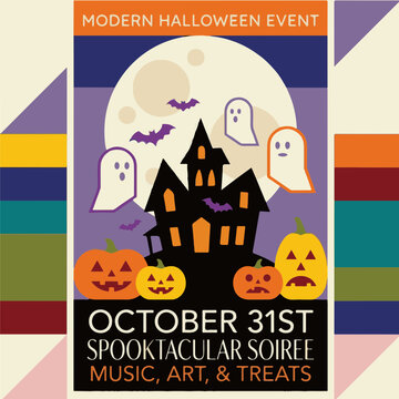 Modern Halloween event poster featuring a haunted house, pumpkins, and ghosts for an October 31st party.