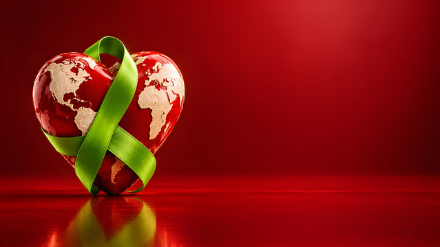 Conceptual 3D illustration of a heart-shaped Earth symbolizing global heart health, cardiovascular disease awareness, and the importance of heart care.	