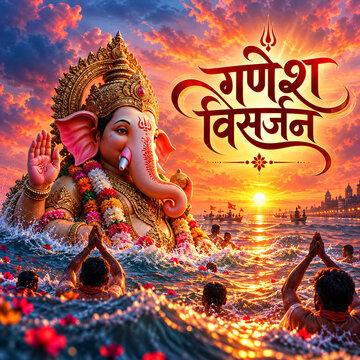 Devotees perform Ganesh Visarjan ritual by immersing a large idol of Lord Ganesha into the river at sunset. People offer prayers in the water during the traditional Hindu festival.
