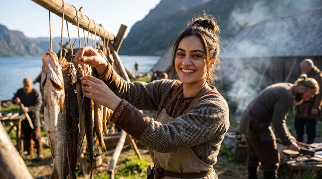 Smiling Viking woman hanging stockfish on wooden drying rack in coastal fjord village settlement