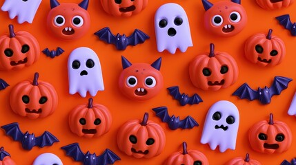 Fototapeta premium Cute Halloween clipart, expressive monster faces, bats, pumpkins and ghosts, bright studio background, 3D render illustration. 