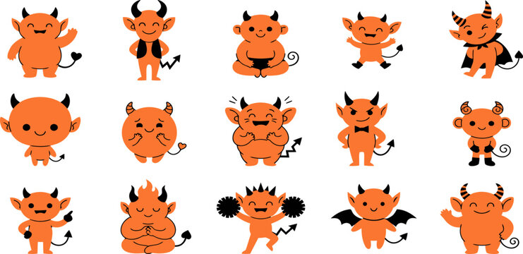 Set of cute orange devil character stickers with various poses and facial expressions