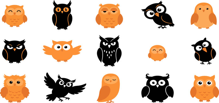 Collection of cute hand drawn owl illustrations in black and orange for halloween