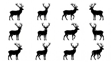 Fototapeta premium black silhouettes of deer with antlers on white background