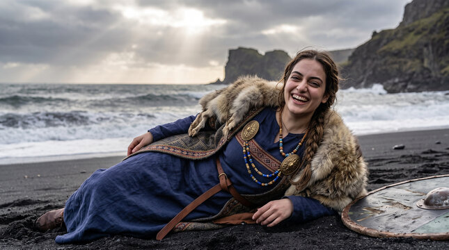Smiling Viking shieldmaiden lying on black sand beach beside wooden shield with dramatic ocean waves