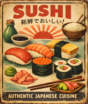 Vintage style poster featuring assorted sushi and traditional Japanese cuisine elements.